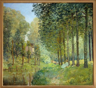 小川のほとりの休息、木の縁 - アルフレッド・シスレー（1839-1899）の絵画 作： Alfred Sisley