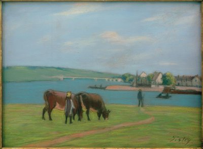 サン＝マンメスのセーヌ河岸の牛 作： Alfred Sisley