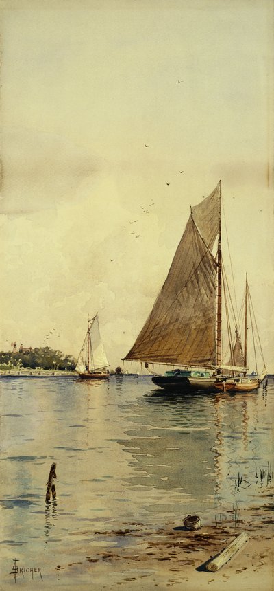帆の乾燥、カキのボート、パッチョグ、ロングアイランド、 作： Alfred Thompson Bricher