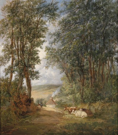 ドイツ語：休息する牛を前景にした森の風景 作： Alfred Vickers
