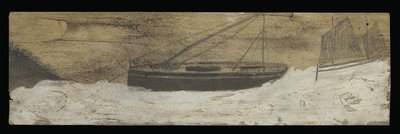 途切れ途切れの水に乗ったボート（パネルに鉛筆と油） 作： Alfred Wallis