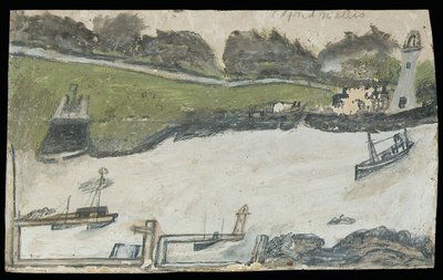 城と灯台のある港のシーン（カードに鉛筆と油） 作： Alfred Wallis