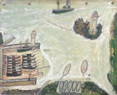 セントアイブスハーバーとGodrevy灯台、c.1930 作： Alfred Wallis