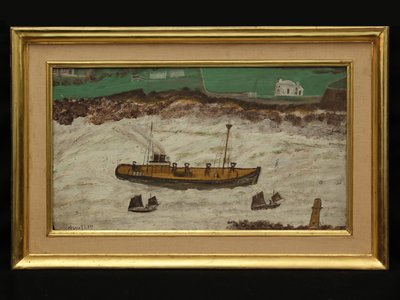 灯台と海岸の間の3隻の船、1930年頃（カードに油彩） 作： Alfred Wallis