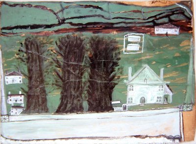 3本の木」「風景の中の白い家」（厚紙に油彩） 作： Alfred Wallis