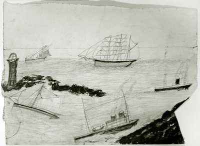 3隻の帆船、2隻の蒸気船、ゴッドレビー灯台、1935-38年頃（カードに油彩・鉛筆） 作： Alfred Wallis