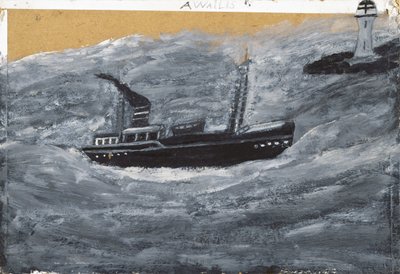 トロール船と桟橋（油彩・カード） 作： Alfred Wallis