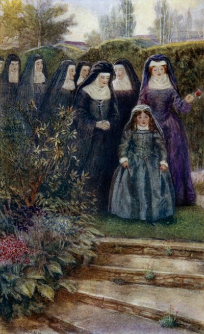 彼女の修道女と修道院の庭を歩いている若いマリーアンジェリークArnauld 作： Alfred Wallis Mills