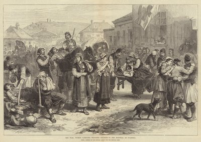 戦争、負傷した兵士をイヴァニツァの病院に運ぶ女性 作： Alfred William Hunt