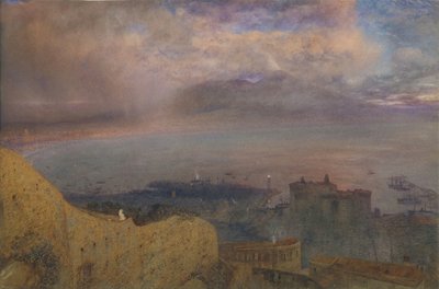 ヴェスヴィオ山とナポリ湾の眺め、喫煙、遠くの夜、1871年。 作： Alfred William Hunt