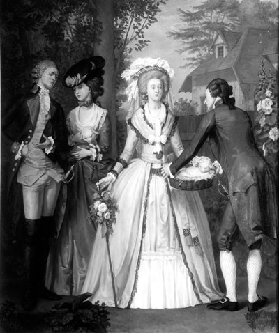 トリアノンの羊飼いとしてのフランスの女王とナバラのハブブール・ロレーヌのマリー・アントワネット（1755-93）（bw print） 作： Alfred Wilson Cox