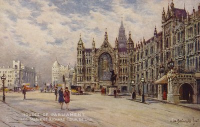 国会議事堂とリチャードクールドライオンの像 作： Alfred de Breanski