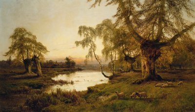 日没時の湖で放牧されている羊（キャンバスに油彩） 作： Alfred de Breanski