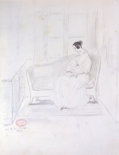 ジョージサンド（1804-76年）、窓の横にあるソファで読書、1833年 作： Alfred de Musset