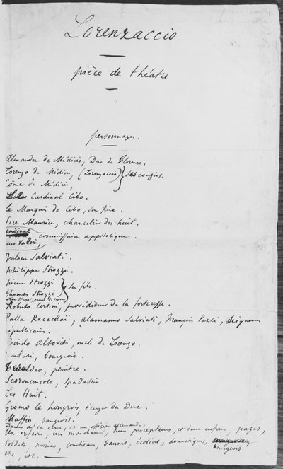 「ロレンツァッチョ」の原本、登場人物のリスト、1834年 作： Alfred de Musset