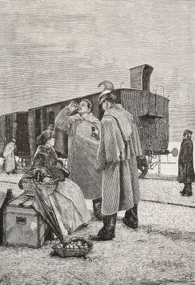 Five Minutes Stop、電車に立っている2人の男性が飲み食いを止める、アルフレド・ルクソーロ（1859-1918）の絵画からの彫刻、L