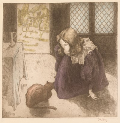 インテリア、猫と少女 (La Petite fille au chat) 作： Alfredo Müller