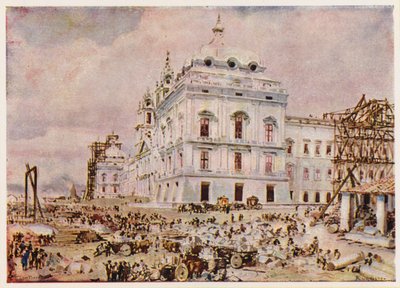 ポルトガル、マフラの宮殿と修道院の建設（カラーリトグラフ） 作： Alfredo Roque Gameiro
