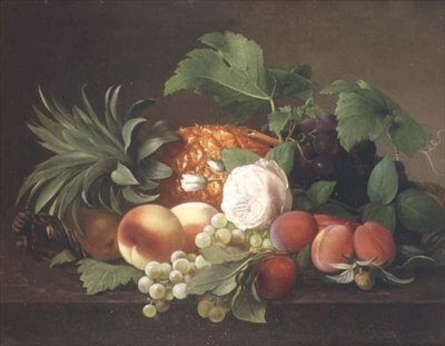 パイナップル、桃、プラム、ブドウのある静物画 作： Alfrida Vilhelmine Ludovica Baadsgaard