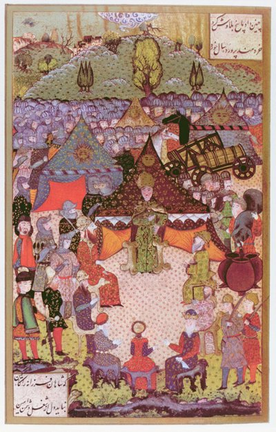 1526年、1558年のモハチの戦いの前に評議会にいたハンガリーの王、ラホス2世（1506-26）（ベラムのインクと金箔） 作： Ali Amir Beg