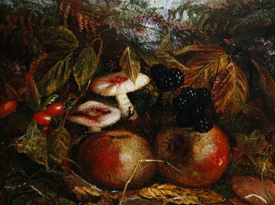 マッシュルーム、リンゴ、ブラックベリーのある静物画 作： Alice M Wilson