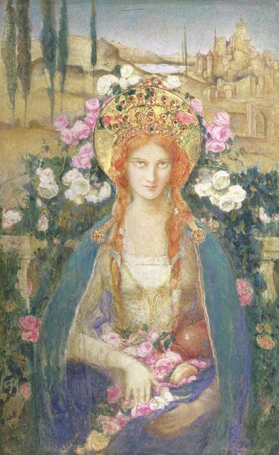 ハンガリーの聖エリザベス、1916年（紙に描かれたテンペラ、金箔がはめ込まれており、ダイアデムレリーフに半貴石が埋め込まれている） 作： Alice Macallan Swan
