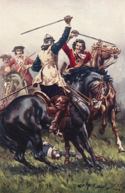 Ironside と Cavalier の間の戦い (color litho) 作： Allan (after) Stewart
