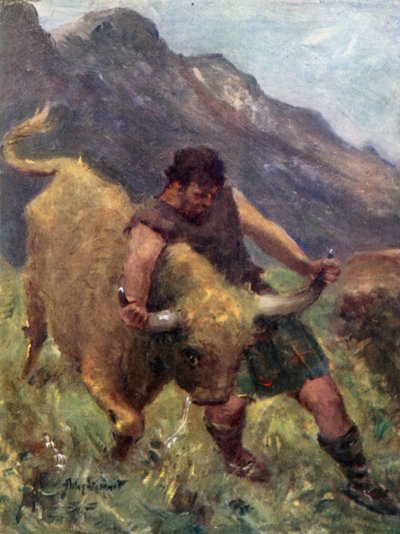 彼がそれと格闘していたとき、その角の1つが彼の手から外れました（カラーリソ） 作： Allan (after) Stewart