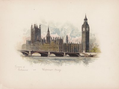 おなじみのロンドン：国会議事堂とウェストミンスター橋（カラーリトグラフ） 作： Allan F. Barraud