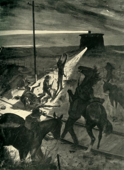 「鉄道を横断する夜の試みの敗北」、1902年。 作： Allan Stewart