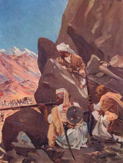 北西辺境で英国軍を狙撃する山岳部族（カラーリトグラフ） 作： Allan Stewart