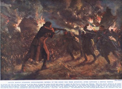 イギリスの塹壕を占領した後、前進していた敵の数人を片手で攻撃しているプライベートメストン、ハッチンソン＆カンパニー発行の「帝国を刺激する行為」のイラスト、1920年頃（カラーリソ） 作： Allan Stewart