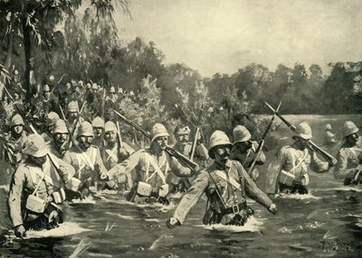 「モダー川の戦い - ドリフトを渡るアーガイルとサザーランドのハイランダーズ」、1900 年。 作： Allan Stewart