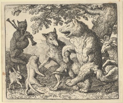 クマとオオカミを称えるパーティー、1650-75。 作： Allart van Everdingen