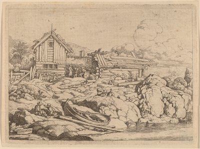 三匹のヤギと一緒に川岸でボート 作： Allart van Everdingen