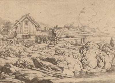 3 頭のヤギがいる川岸でボートを漕ぐ 16451656。 作： Allart van Everdingen