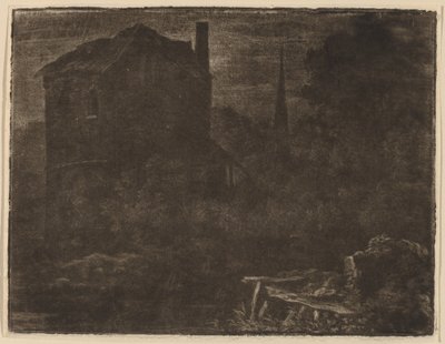 家と教会の尖塔のある夜の風景、おそらくc。 1660年。 作： Allart van Everdingen