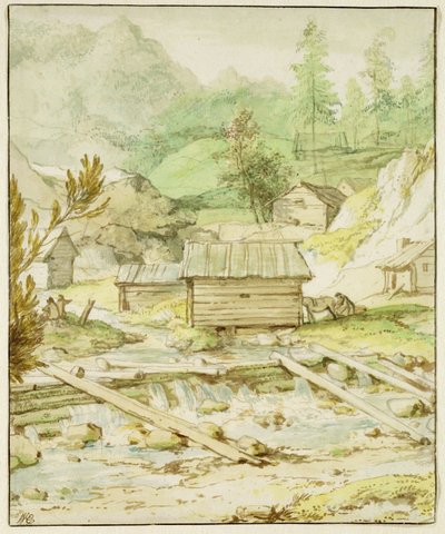 木製の小屋と堰のある北欧の風景（紙にペン、ブラシ、トイレ） 作： Allart van Everdingen