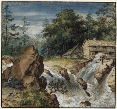 滝のそばの画家がいる北欧の風景 作： Allart van Everdingen