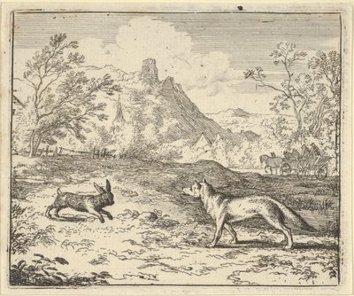 レナードは、ウサギが自分の子供の 1 人を侮辱したと嘘をついています。1650 年から 1675 年。 作： Allart van Everdingen