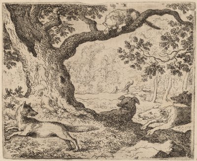レイナードの父と猟犬に追われる猫、おそらくc。 16451656。 作： Allart van Everdingen