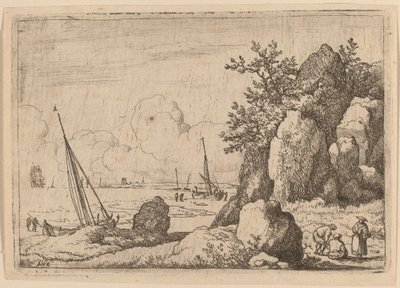 右側に 3 つの人物がいる海の風景 作： Allart van Everdingen