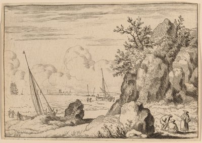 右側に 3 人の人物が描かれた海景、おそらく c. 16451656。 作： Allart van Everdingen