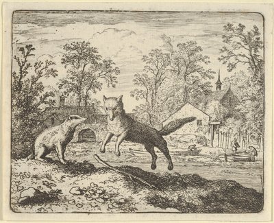 アナグマは地面の棒を 3 回飛び越える罰として課す、1650-75 年。 作： Allart van Everdingen