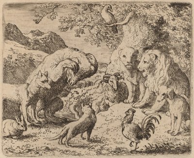 熊は正義を求めてライオンに懇願する、おそらく c. 16451656。 作： Allart van Everdingen