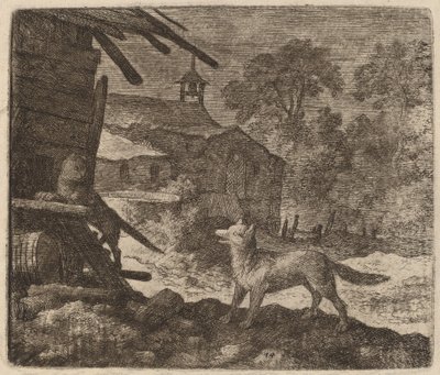 レイナードが見ていると猫が納屋に入る、おそらくc。 16451656。 作： Allart van Everdingen