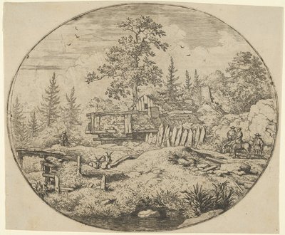 木製の橋のある風景、17世紀。 作： Allart van Everdingen
