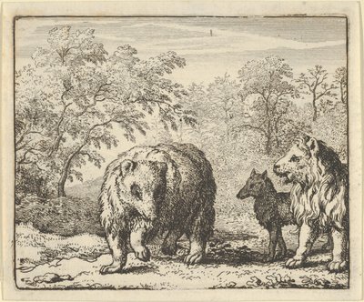 ライオンはクマとオオカミを解放します、1650-75。 作： Allart van Everdingen
