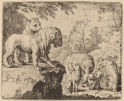 ライオンは他の動物の前でレイナードを許します。 16451656。 作： Allart van Everdingen