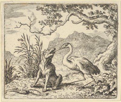 ヘンドリック・ファン・アルクマーのレナード・ザ・F...、1650-75年からのコウノトリはオオカミの喉から骨を取り除きます。 作： Allart van Everdingen